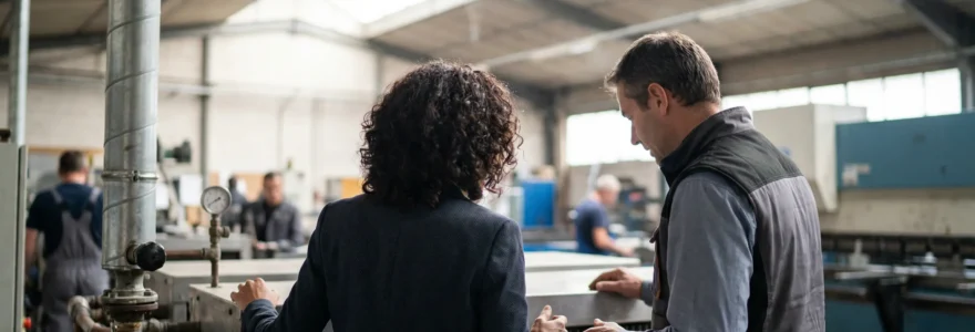 Dirigeante et consultant analysant critères éligibilité subvention écologique devant équipement industriel