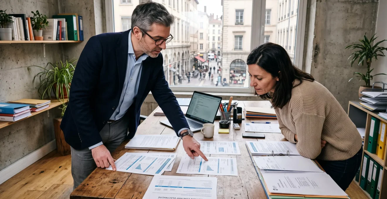Un courtier en énergie compare des contrats d'électricité et de gaz avec un dirigeant d'entreprise.