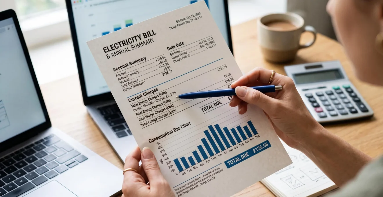 Une main pointe une ligne d'une facture d'électricité professionnelle posée sur un bureau.